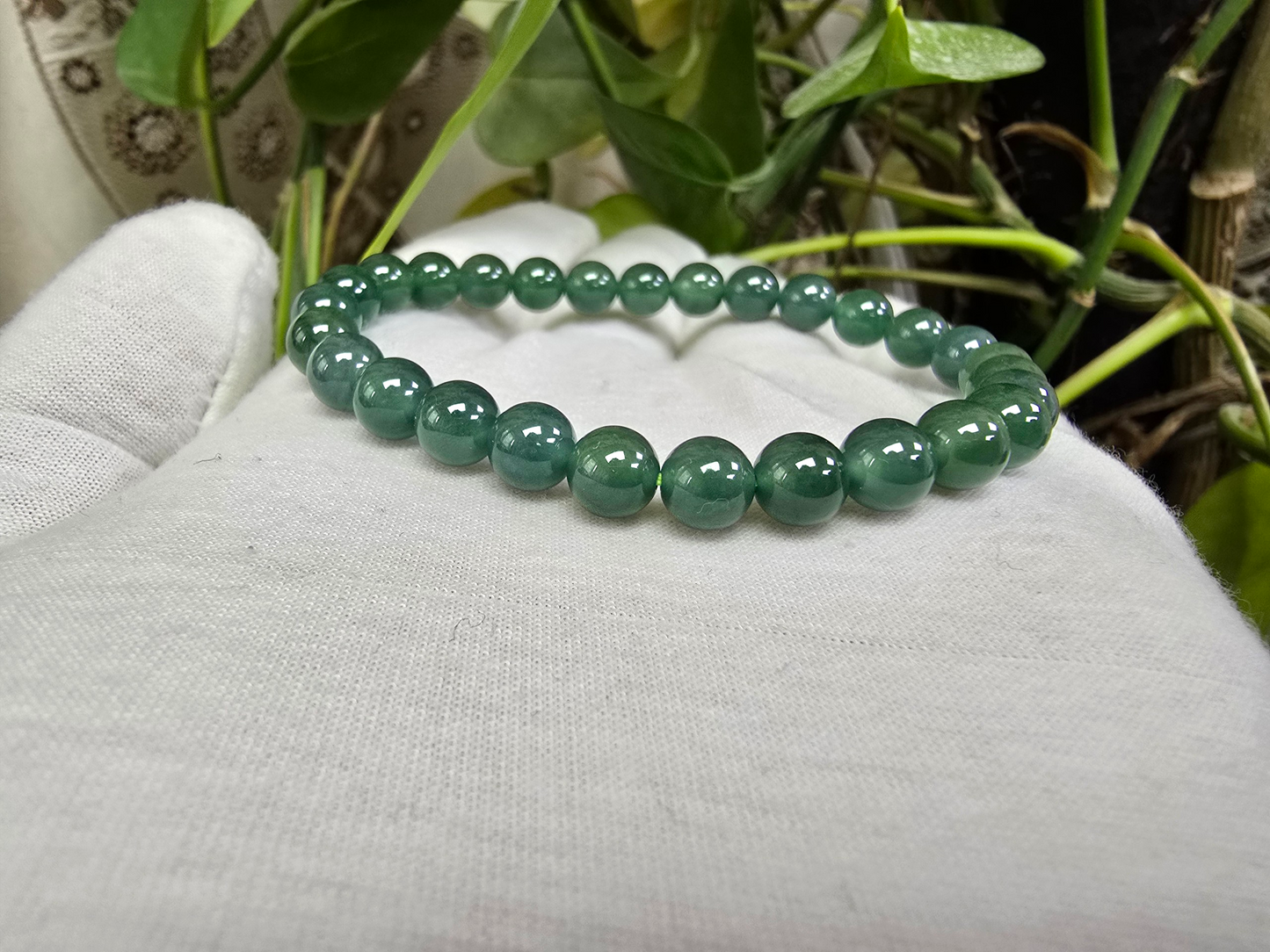 Certified Japanese Blue-Green Burmese A-Jade Beaded Bracelet (MADE IN JAPAN) (7 mm Each x 28 beads) 05044