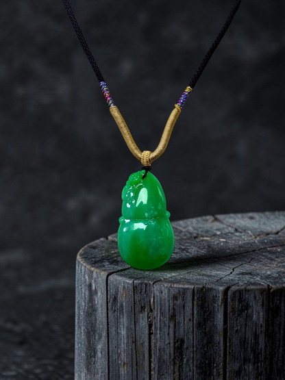 Buddha Double Gourd Vivid-Imperial Green Burmese A-Jadeite Pendant - V1 - Certified