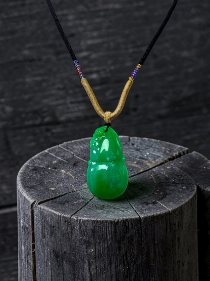 Buddha Double Gourd Vivid-Imperial Green Burmese A-Jadeite Pendant - V1 - Certified