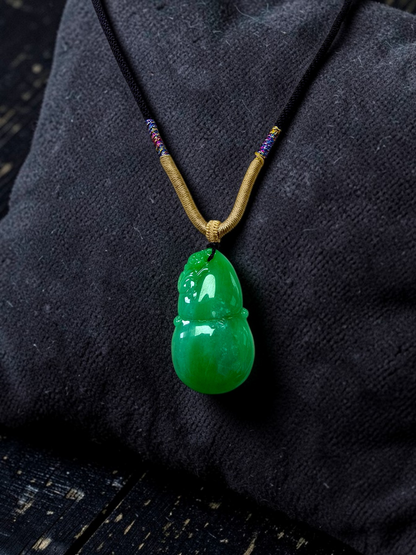 Buddha Double Gourd Vivid-Imperial Green Burmese A-Jadeite Pendant - V1 - Certified