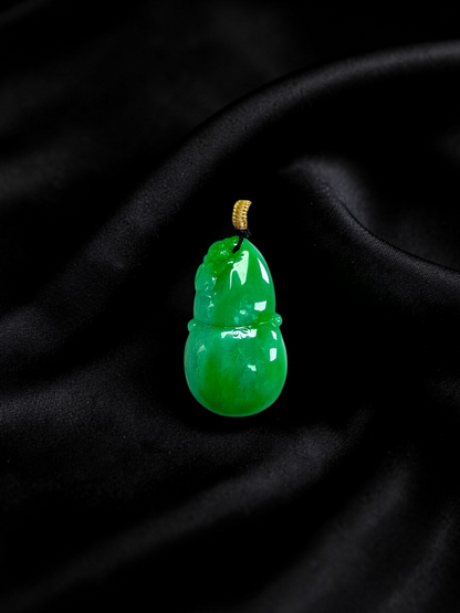 Buddha Double Gourd Vivid-Imperial Green Burmese A-Jadeite Pendant - V1 - Certified