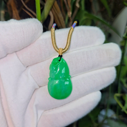 Buddha Double Gourd Vivid-Imperial Green Burmese A-Jadeite Pendant - V1 - Certified