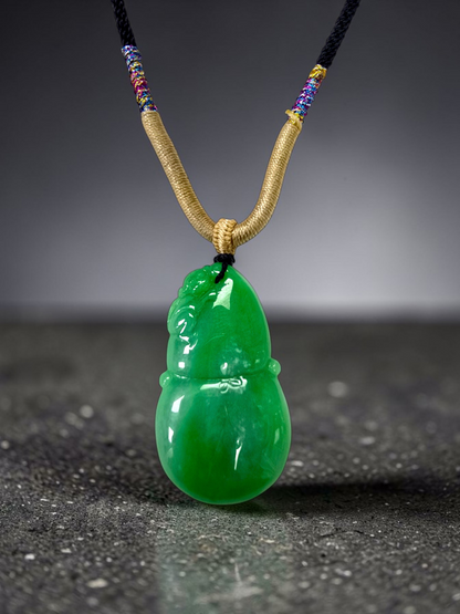Buddha Double Gourd Vivid-Imperial Green Burmese A-Jadeite Pendant - V1 - Certified
