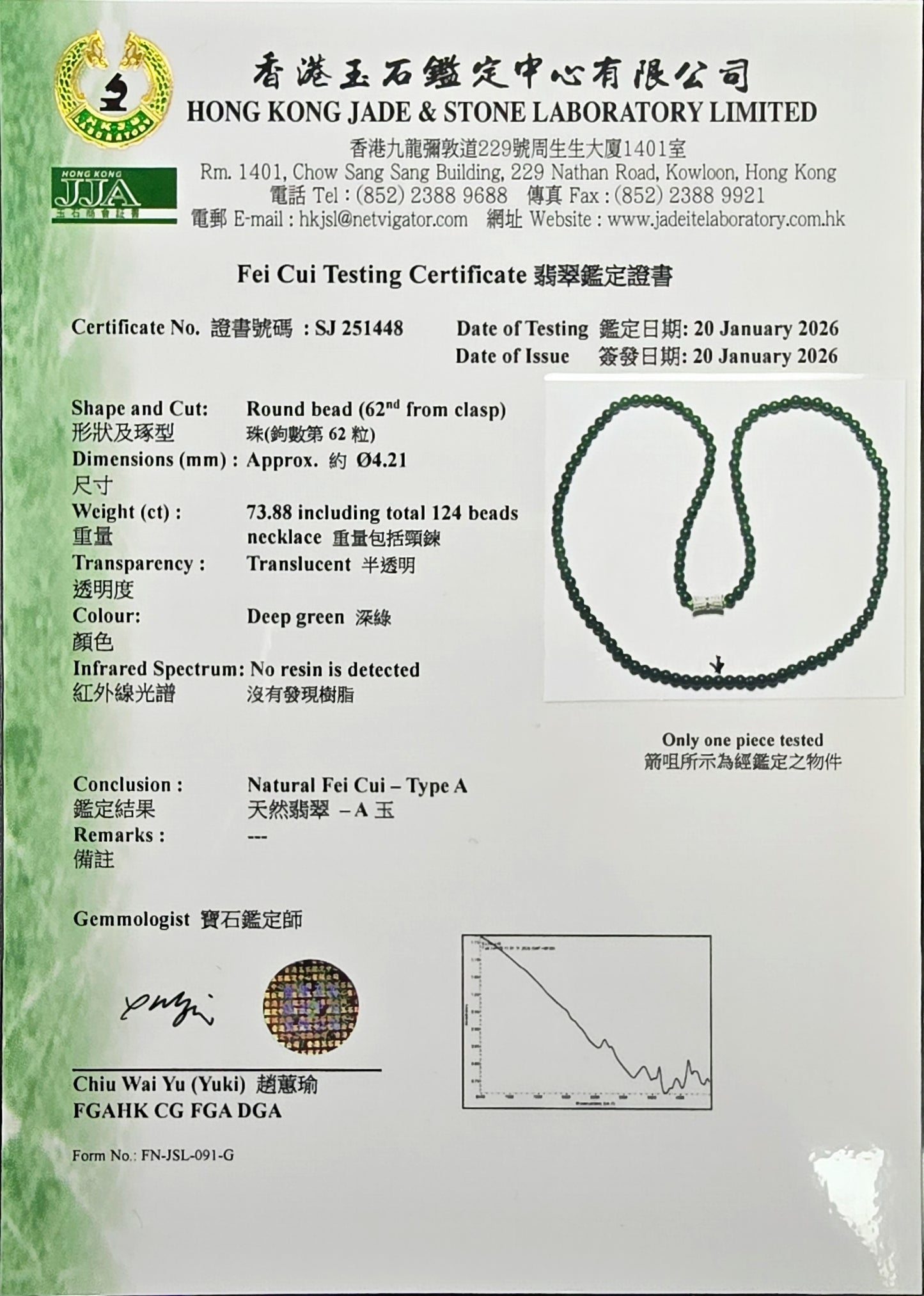 Imperial Green Burmese A-Jade Beaded Long Necklace - 19.00 inches (4.20 mm Beads) with Sterling Silver 925 - Certified - 10012