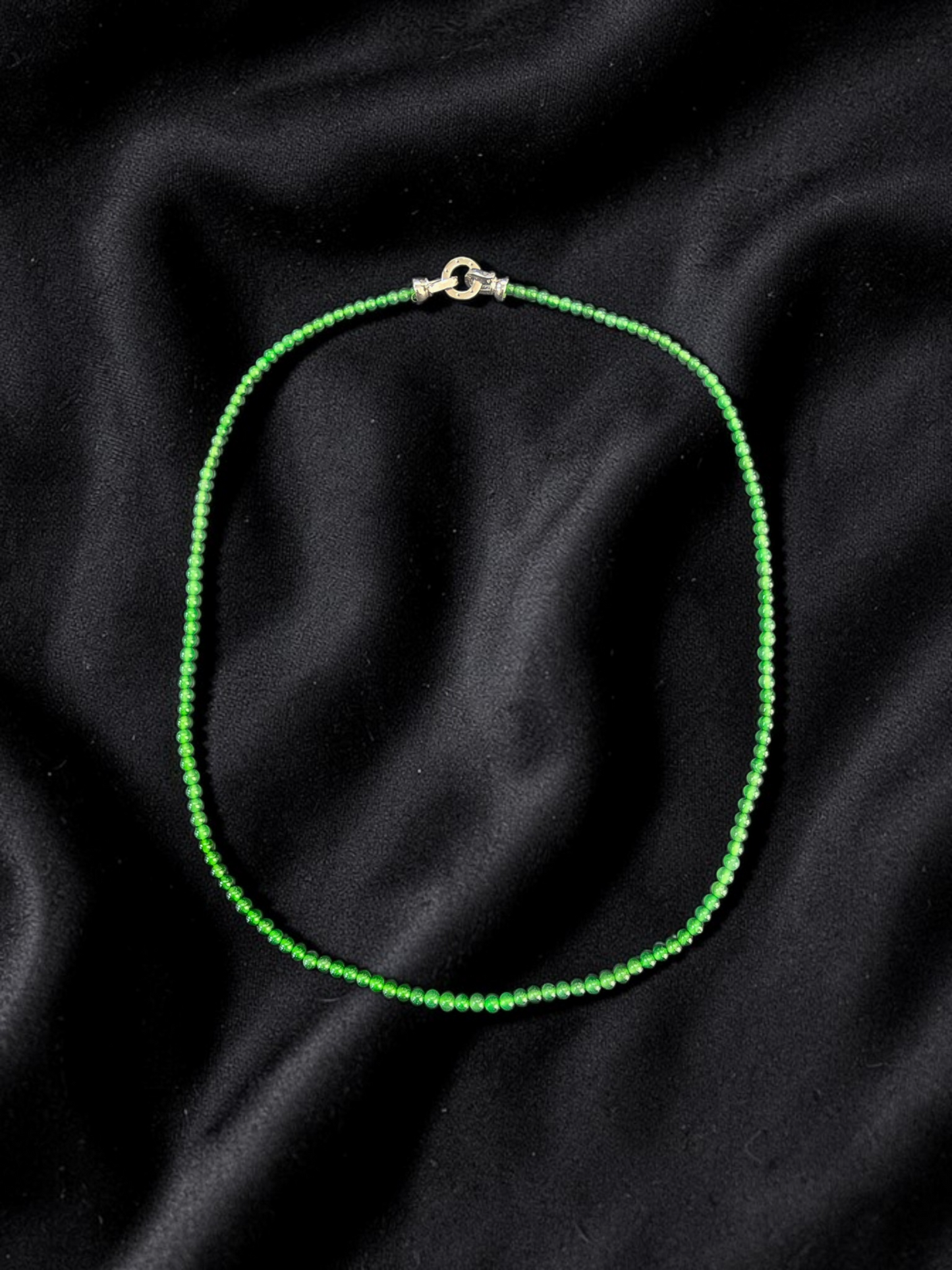 Imperial Green Burmese A-Jade Beaded Long Necklace - 19.50 inches (3.70 mm Beads) with Sterling Silver 925 - Certified - 10013