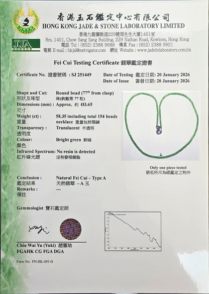 Imperial Green Burmese A-Jade Beaded Long Necklace - 19.50 inches (3.70 mm Beads) with Sterling Silver 925 - Certified - 10013