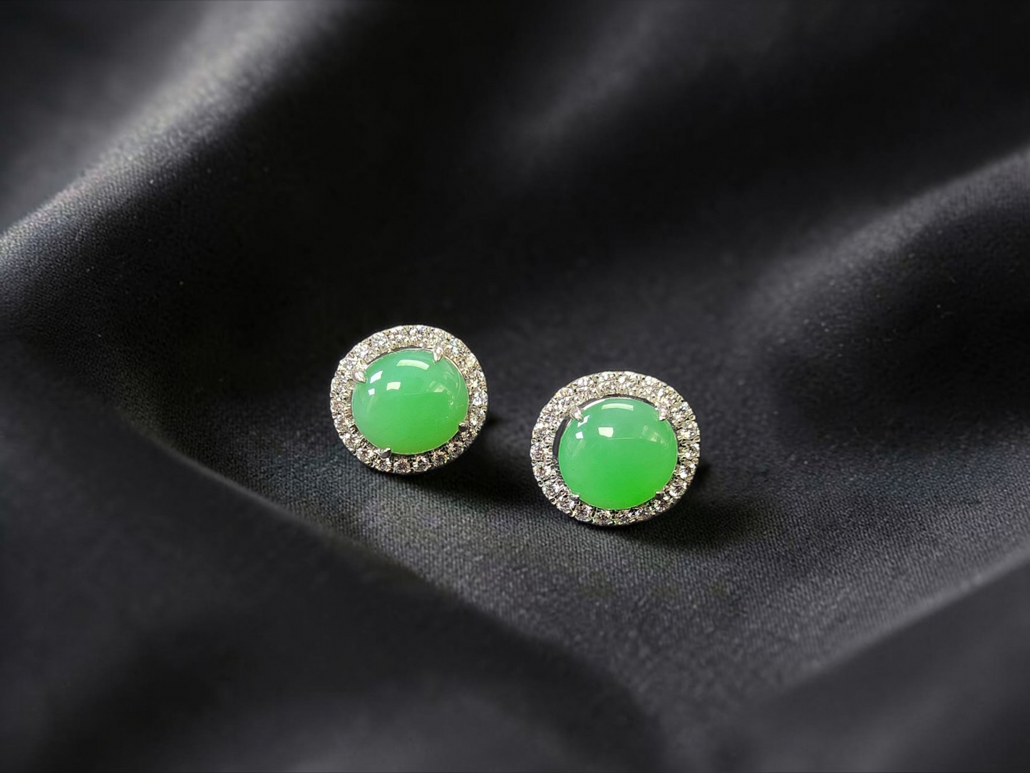 Eternal Sunshine Apple Green Burmese A-Jade Stud Earrings with Diamond Halo and 18K White Gold - Certified - V2