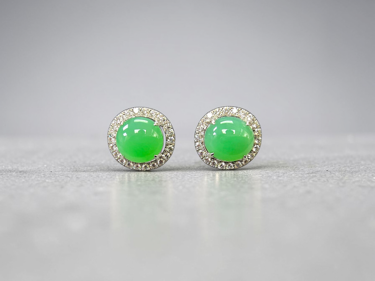Eternal Sunshine Apple Green Burmese A-Jade Stud Earrings with Diamond Halo and 18K White Gold - Certified - V2