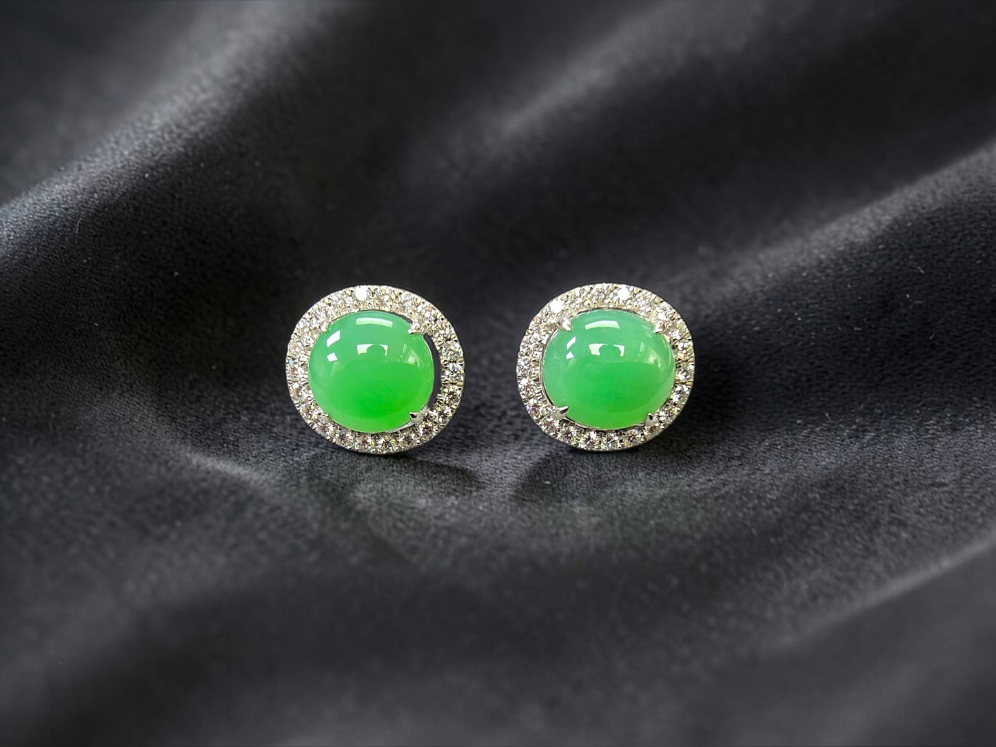 Eternal Sunshine Apple Green Burmese A-Jade Stud Earrings with Diamond Halo and 18K White Gold - Certified - V2