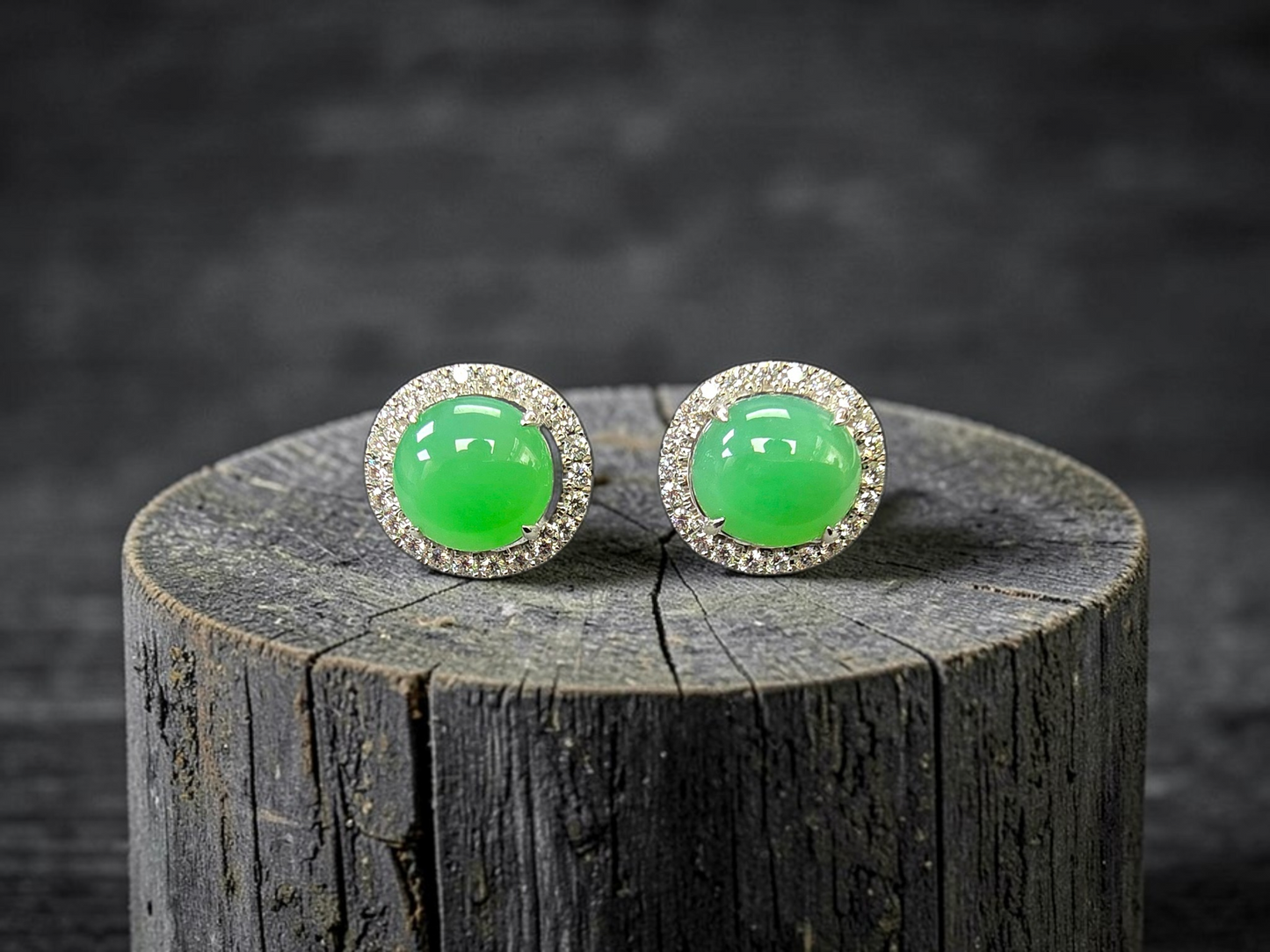 Eternal Sunshine Apple Green Burmese A-Jade Stud Earrings with Diamond Halo and 18K White Gold - Certified - V2
