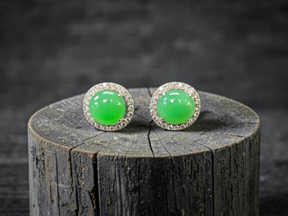 Eternal Sunshine Apple Green Burmese A-Jade Stud Earrings with Diamond Halo and 18K White Gold - Certified - V2