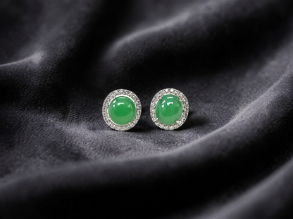 Eternal Sunshine Apple Green Burmese A-Jade Stud Earrings with Diamond Halo and 18K White Gold - Certified - V2