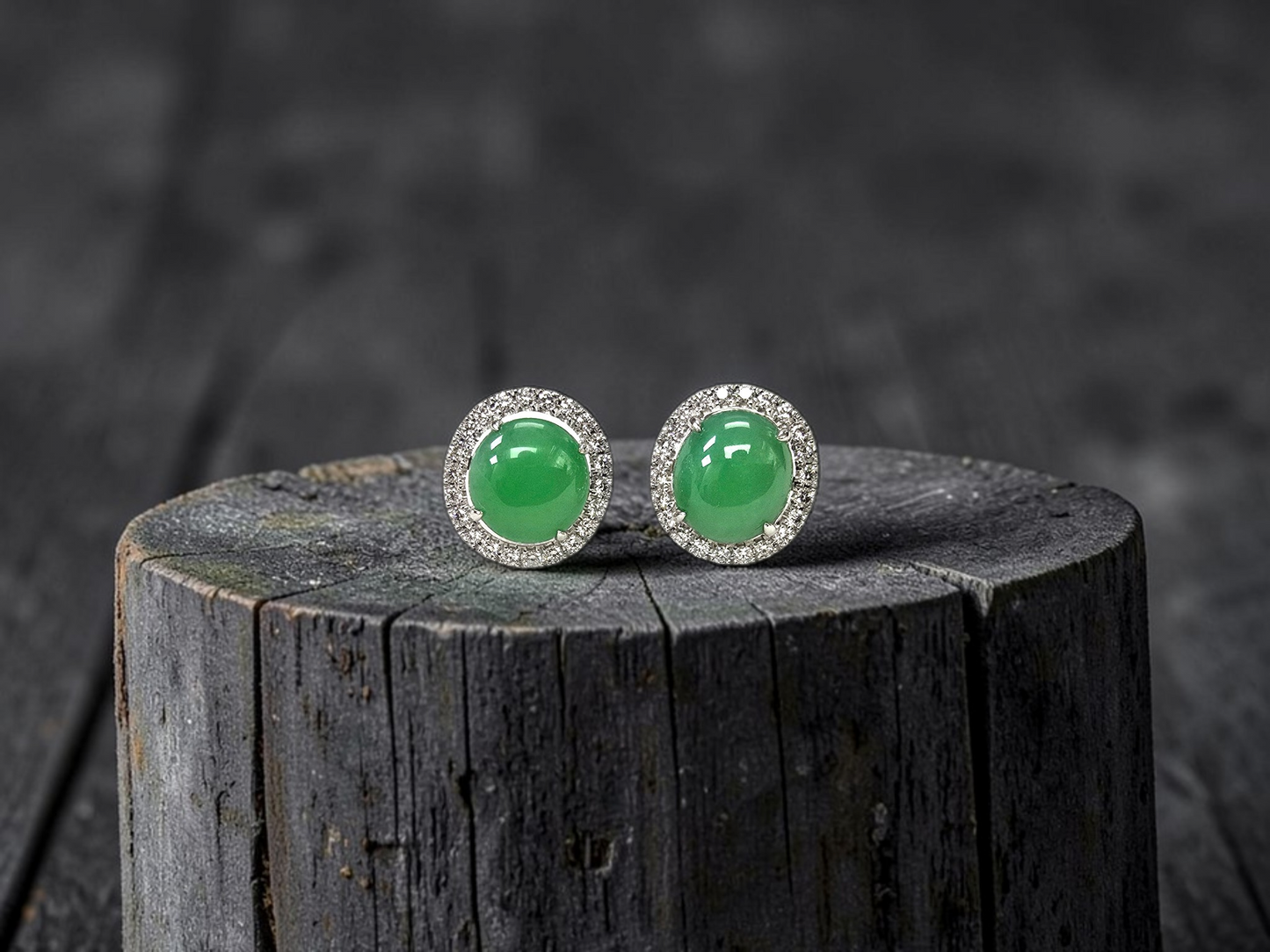 Eternal Sunshine Apple Green Burmese A-Jade Stud Earrings with Diamond Halo and 18K White Gold - Certified - V2