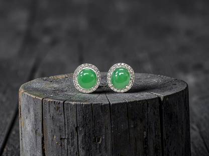 Eternal Sunshine Apple Green Burmese A-Jade Stud Earrings with Diamond Halo and 18K White Gold - Certified - V2