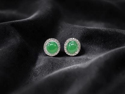 Eternal Sunshine Apple Green Burmese A-Jade Stud Earrings with Diamond Halo and 18K White Gold - Certified - V2