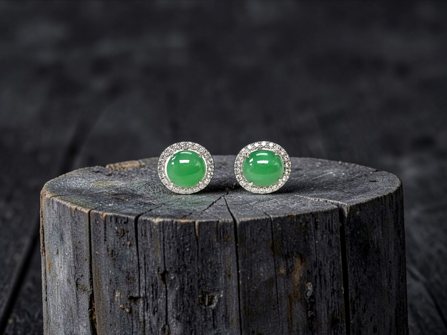 Eternal Sunshine Apple Green Burmese A-Jade Stud Earrings with Diamond Halo and 18K White Gold - Certified - V2