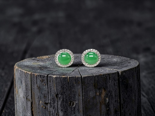 Eternal Sunshine Apple Green Burmese A-Jade Stud Earrings with Diamond Halo and 18K White Gold - Certified - V2