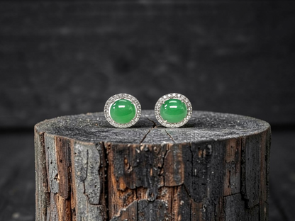 Eternal Sunshine Apple Green Burmese A-Jade Stud Earrings with Diamond Halo and 18K White Gold - Certified - V2
