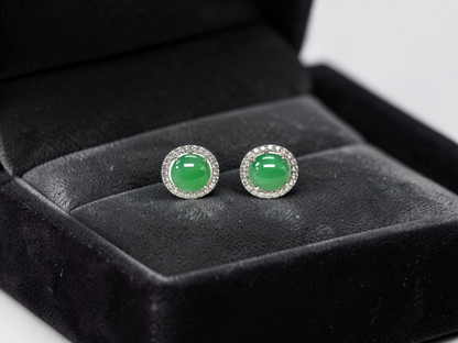 Eternal Sunshine Apple Green Burmese A-Jade Stud Earrings with Diamond Halo and 18K White Gold - Certified - V2