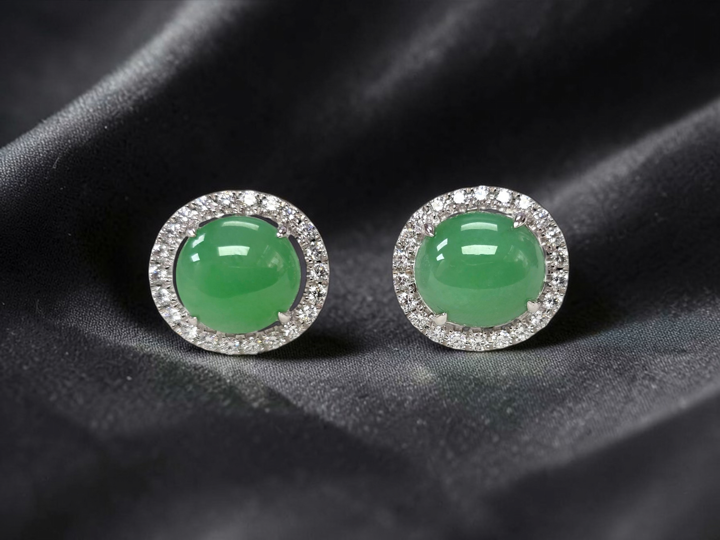 Eternal Sunshine Apple Green Burmese A-Jade Stud Earrings with Diamond Halo and 18K White Gold - Certified - V2