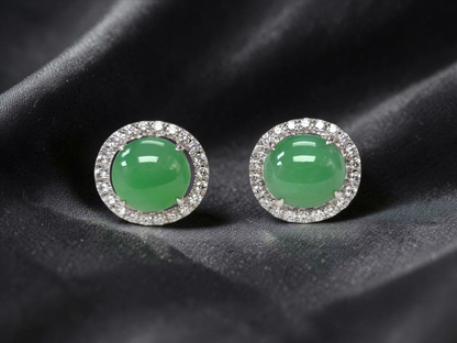 Eternal Sunshine Apple Green Burmese A-Jade Stud Earrings with Diamond Halo and 18K White Gold - Certified - V2