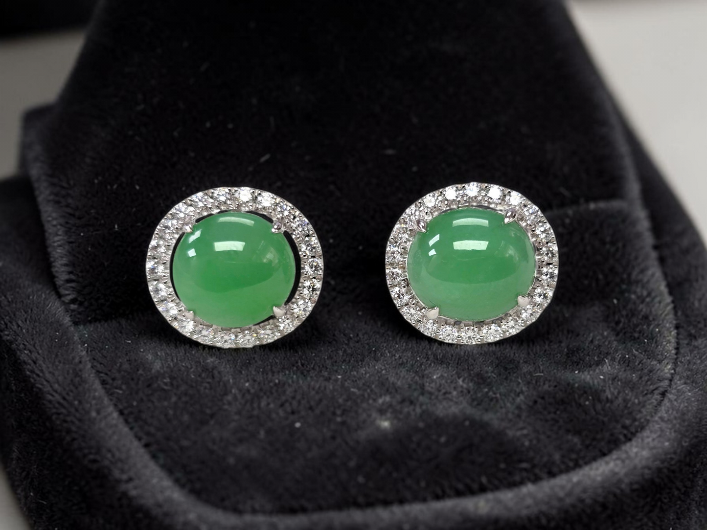 Eternal Sunshine Apple Green Burmese A-Jade Stud Earrings with Diamond Halo and 18K White Gold - Certified - V2