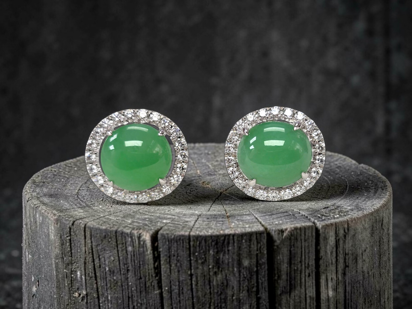 Eternal Sunshine Apple Green Burmese A-Jade Stud Earrings with Diamond Halo and 18K White Gold - Certified - V2