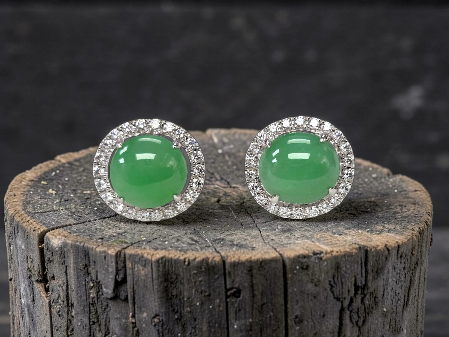Eternal Sunshine Apple Green Burmese A-Jade Stud Earrings with Diamond Halo and 18K White Gold - Certified - V2