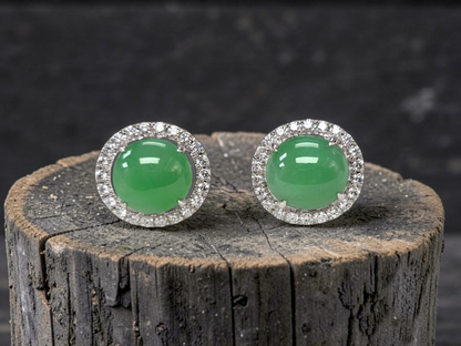 Eternal Sunshine Apple Green Burmese A-Jade Stud Earrings with Diamond Halo and 18K White Gold - Certified - V2