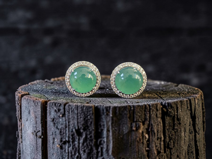 Eternal Sunshine Blue Green Burmese A-Jade Stud Earrings with Diamond Halo and 18K White Gold - Certified - V3