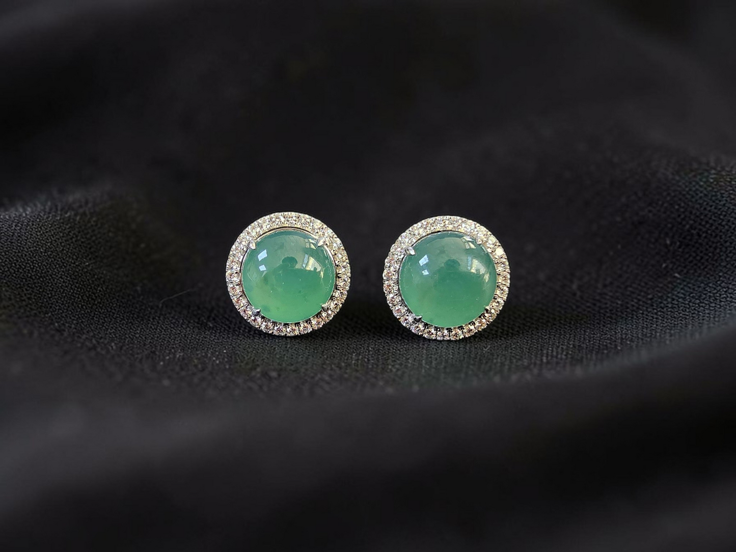 Eternal Sunshine Blue Green Burmese A-Jade Stud Earrings with Diamond Halo and 18K White Gold - Certified - V3