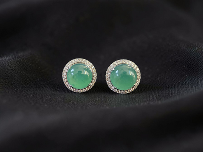 Eternal Sunshine Blue Green Burmese A-Jade Stud Earrings with Diamond Halo and 18K White Gold - Certified - V3