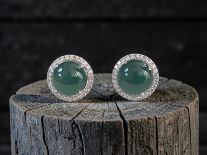 Eternal Sunshine Blue Green Burmese A-Jade Stud Earrings with Diamond Halo and 18K White Gold - Certified - V3