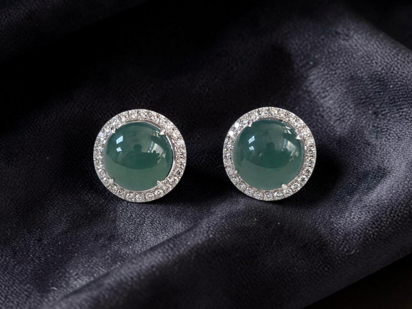 Eternal Sunshine Blue Green Burmese A-Jade Stud Earrings with Diamond Halo and 18K White Gold - Certified - V3