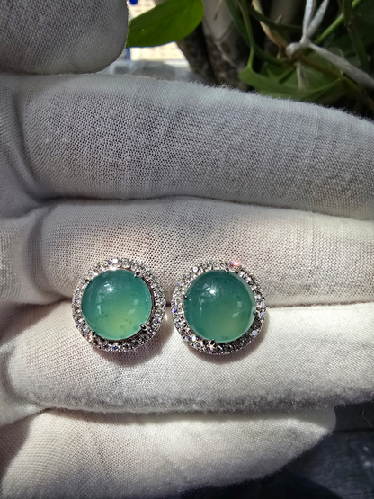 Eternal Sunshine Blue Green Burmese A-Jade Stud Earrings with Diamond Halo and 18K White Gold - Certified - V3