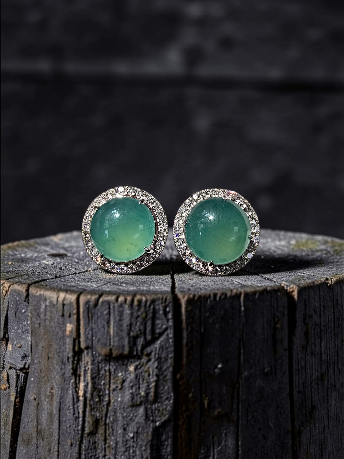 Eternal Sunshine Blue Green Burmese A-Jade Stud Earrings with Diamond Halo and 18K White Gold - Certified - V3