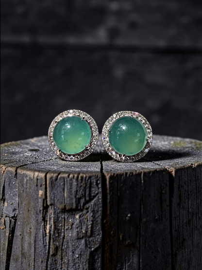 Eternal Sunshine Blue Green Burmese A-Jade Stud Earrings with Diamond Halo and 18K White Gold - Certified - V3