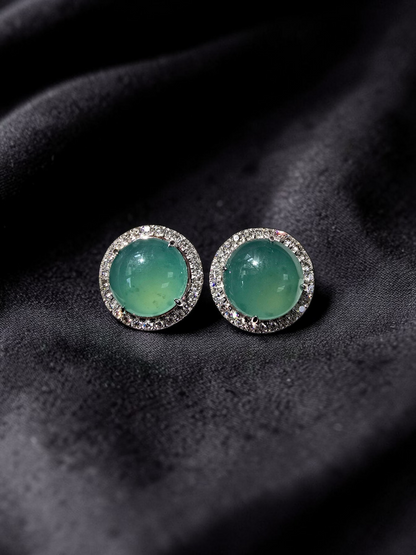 Eternal Sunshine Blue Green Burmese A-Jade Stud Earrings with Diamond Halo and 18K White Gold - Certified - V3