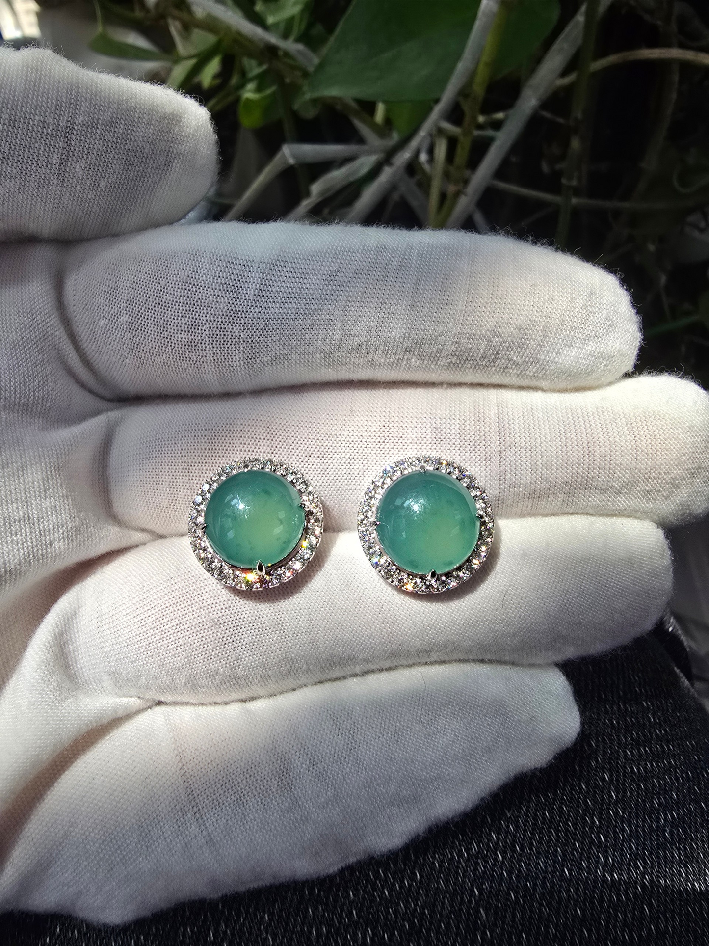 Eternal Sunshine Blue Green Burmese A-Jade Stud Earrings with Diamond Halo and 18K White Gold - Certified - V3