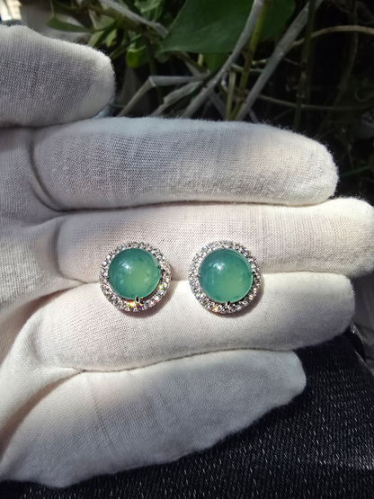 Eternal Sunshine Blue Green Burmese A-Jade Stud Earrings with Diamond Halo and 18K White Gold - Certified - V3