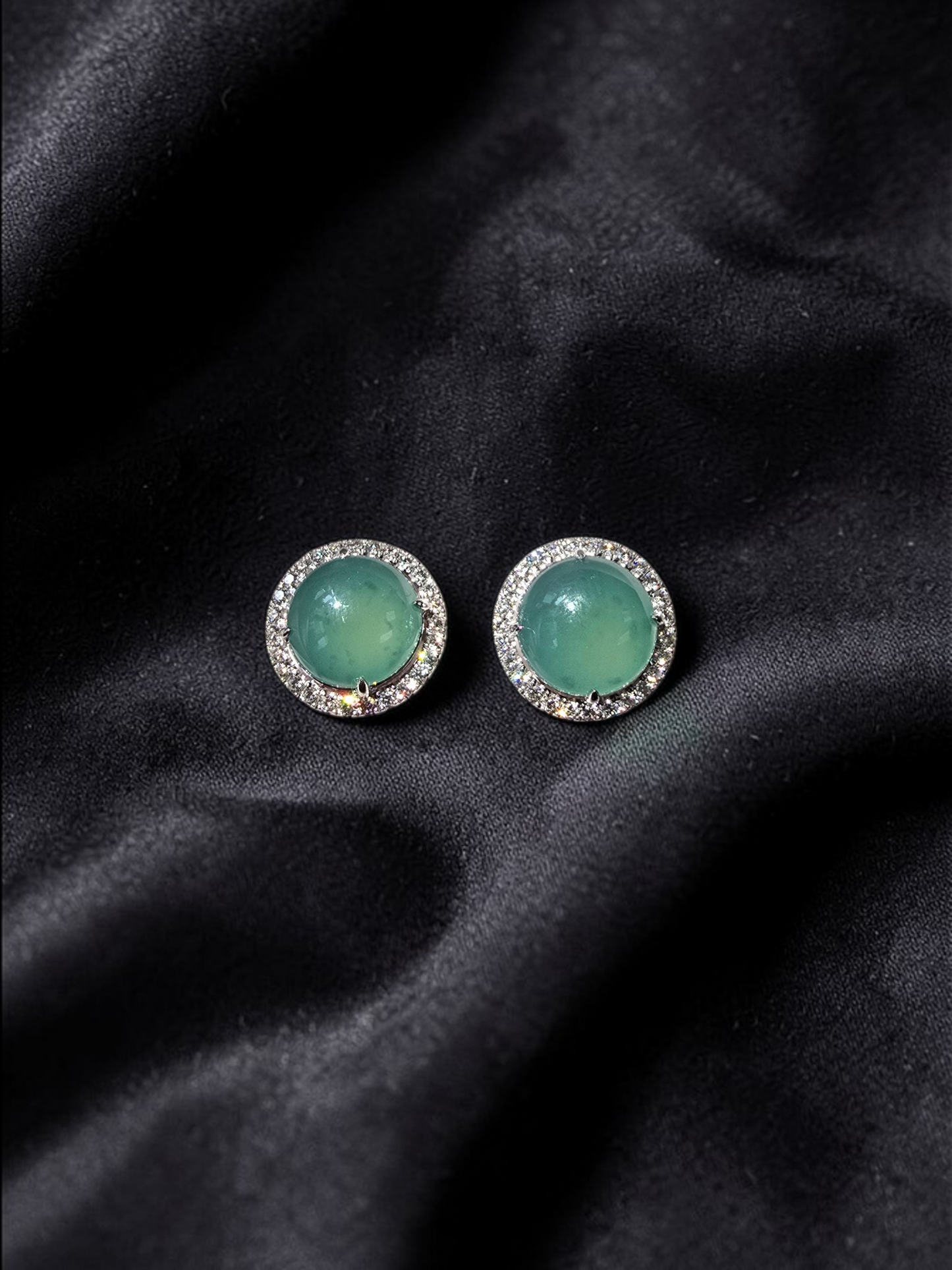 Eternal Sunshine Blue Green Burmese A-Jade Stud Earrings with Diamond Halo and 18K White Gold - Certified - V3