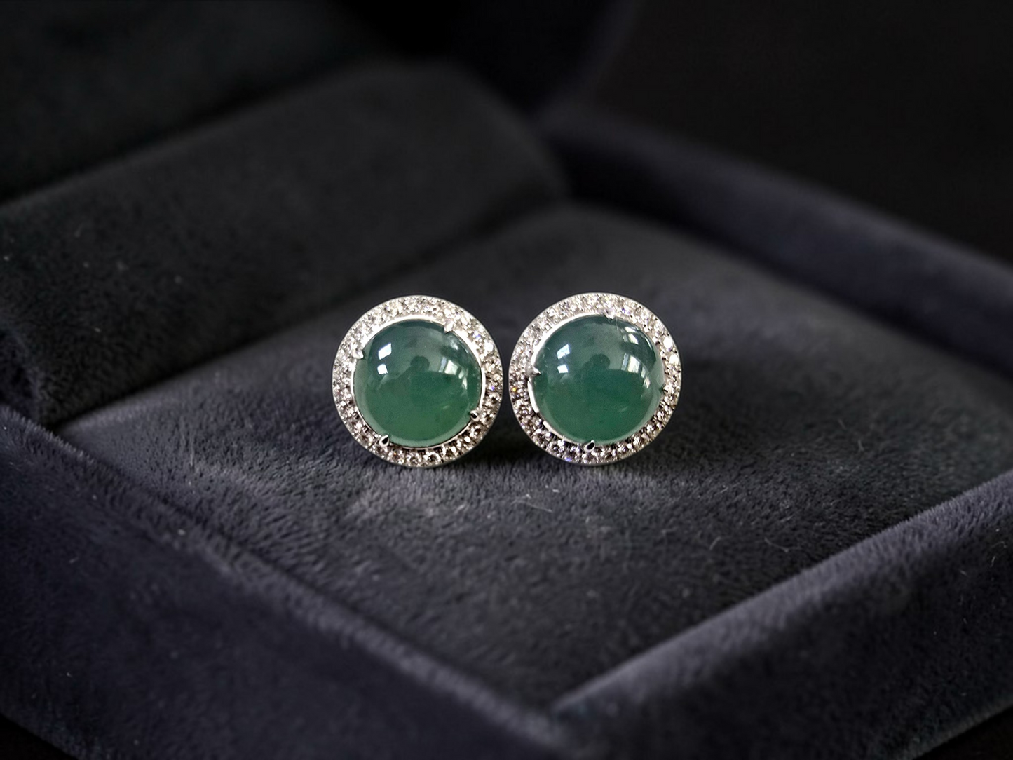 Eternal Sunshine Blue Green Burmese A-Jade Stud Earrings with Diamond Halo and 18K White Gold - Certified - V3