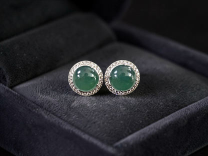 Eternal Sunshine Blue Green Burmese A-Jade Stud Earrings with Diamond Halo and 18K White Gold - Certified - V3