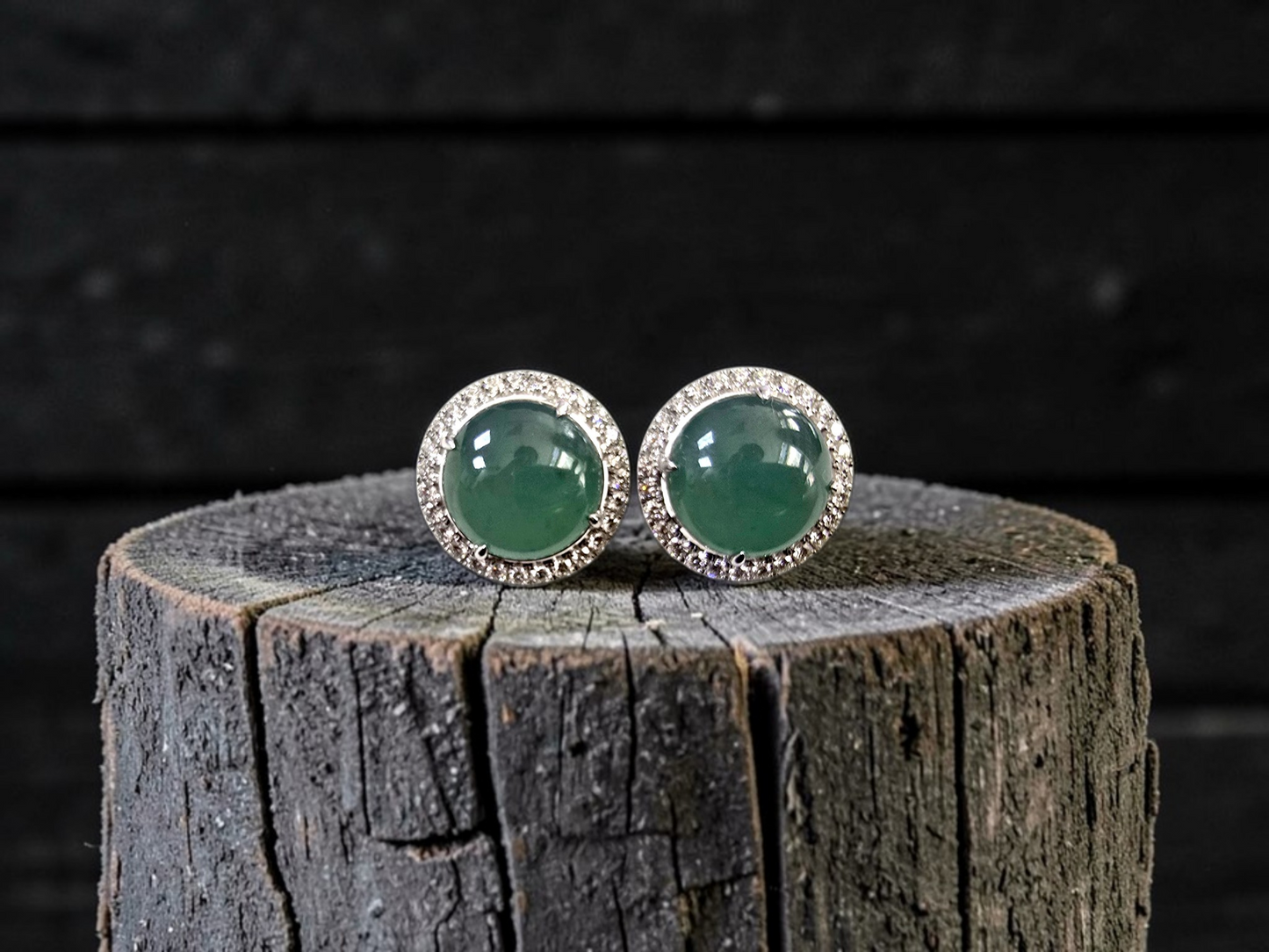 Eternal Sunshine Blue Green Burmese A-Jade Stud Earrings with Diamond Halo and 18K White Gold - Certified - V3