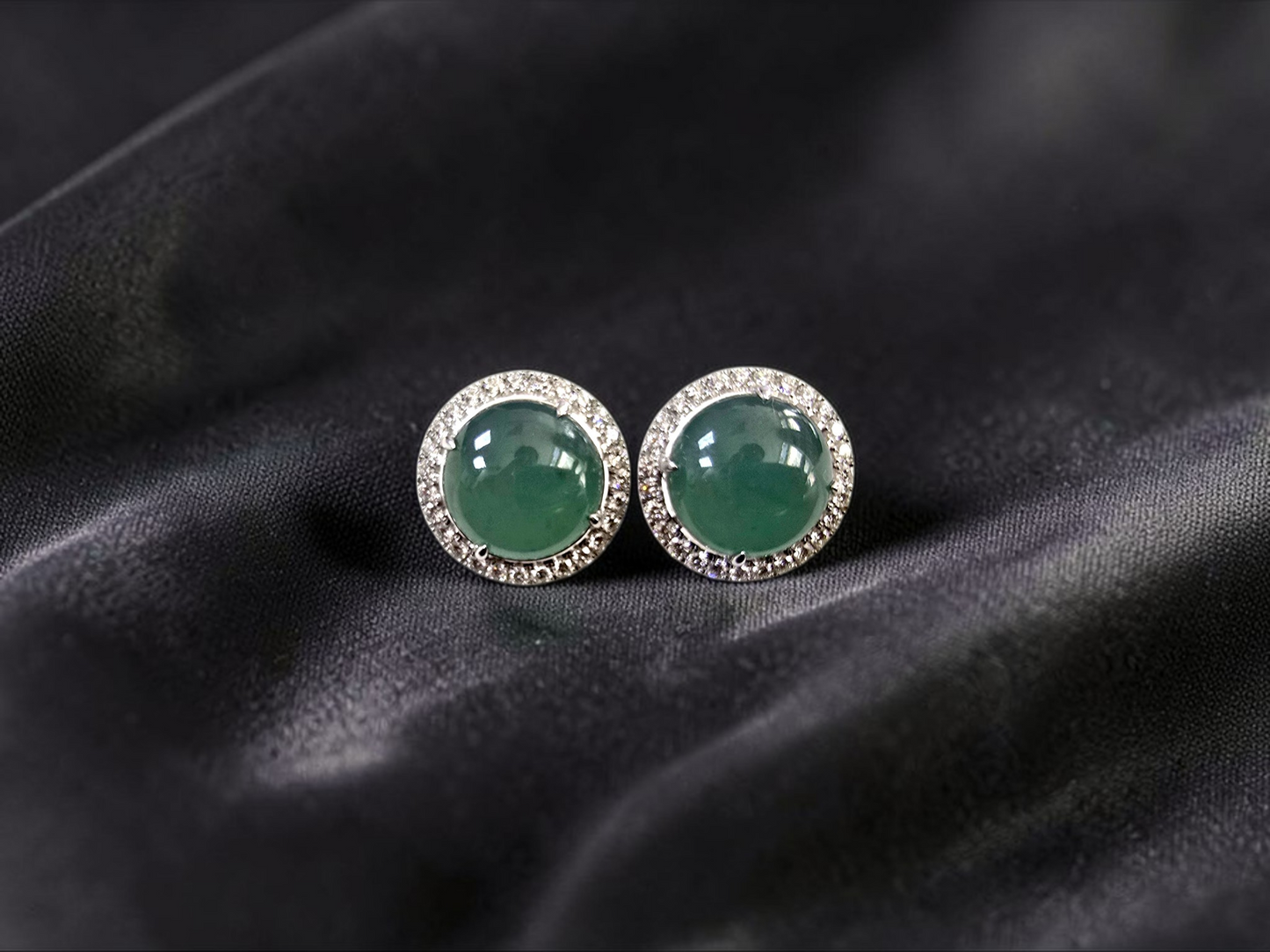 Eternal Sunshine Blue Green Burmese A-Jade Stud Earrings with Diamond Halo and 18K White Gold - Certified - V3