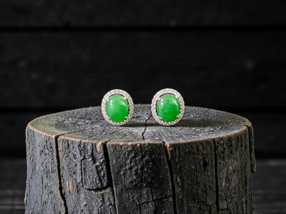 Eternal Sunshine Green Burmese A-Jade Stud Earrings with Diamond Halo and 18K White Gold - Certified - V4