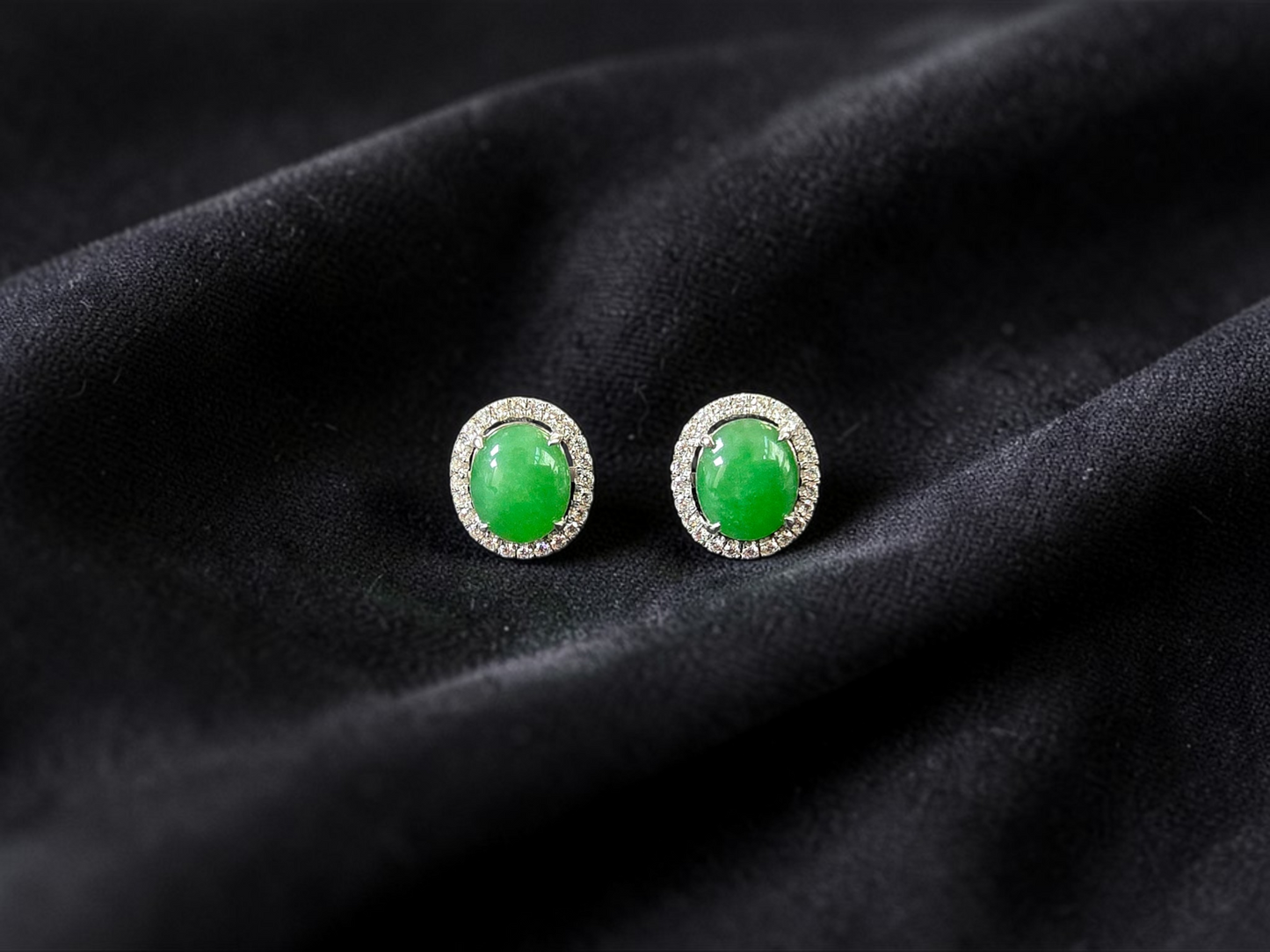Eternal Sunshine Green Burmese A-Jade Stud Earrings with Diamond Halo and 18K White Gold - Certified - V4
