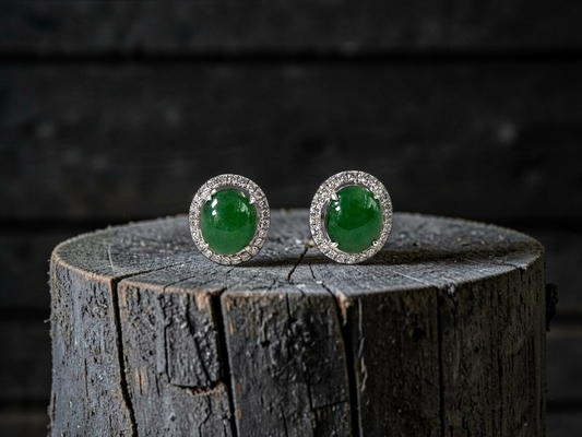 Eternal Sunshine Green Burmese A-Jade Stud Earrings with Diamond Halo and 18K White Gold - Certified - V4
