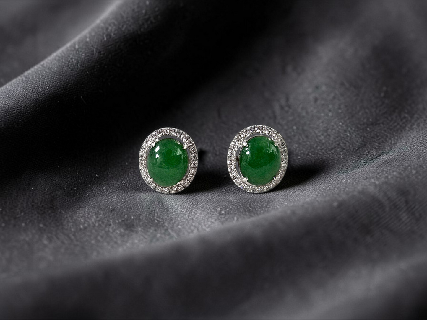 Eternal Sunshine Green Burmese A-Jade Stud Earrings with Diamond Halo and 18K White Gold - Certified - V4