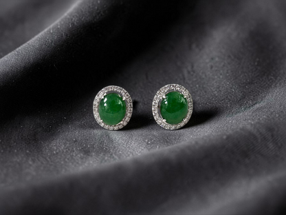 Eternal Sunshine Green Burmese A-Jade Stud Earrings with Diamond Halo and 18K White Gold - Certified - V4
